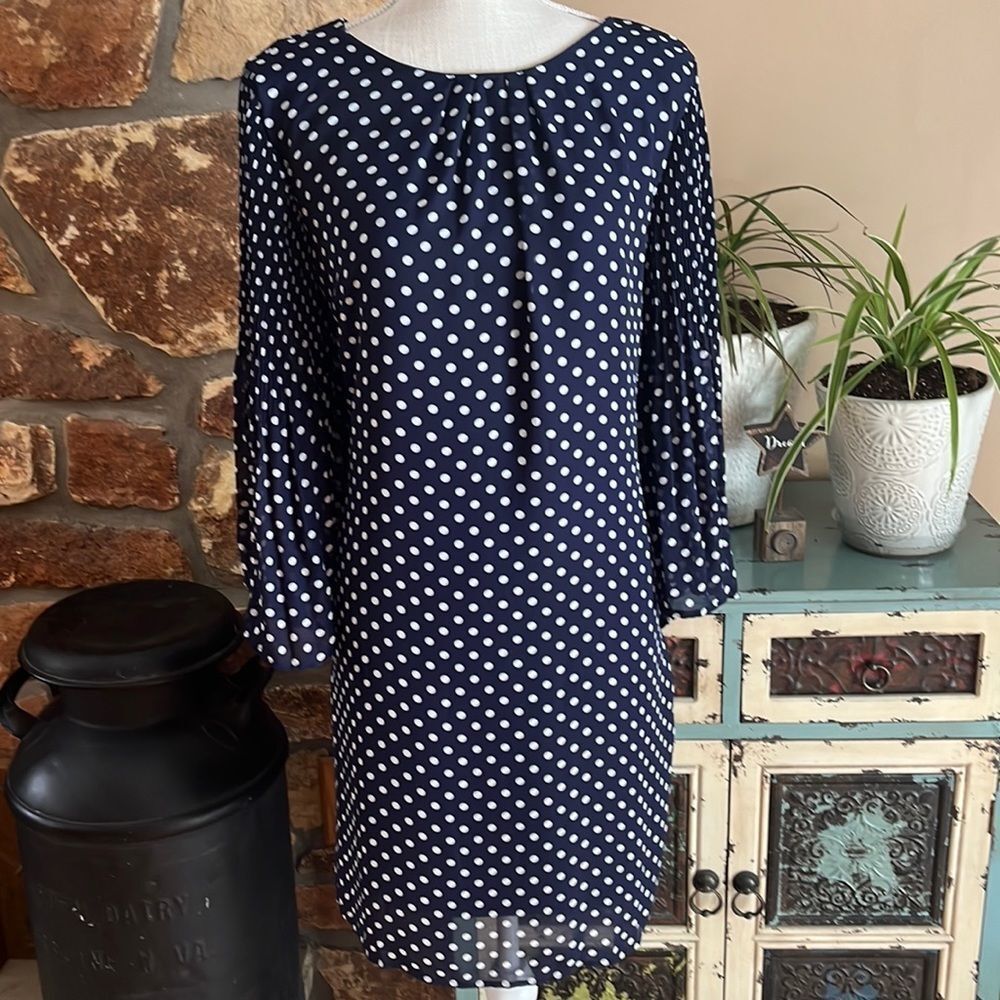 Robert Louis Navy and White Polka Dot Bell Sleeve Dress Size Small